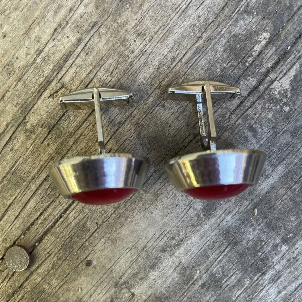 Red Domed Glass Cufflinks Star Swank Stone Gem Jewel Round Silver Tone 7/8”‎